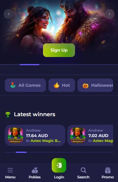 Axe Casino lobby on a phone with the bottom menu bar